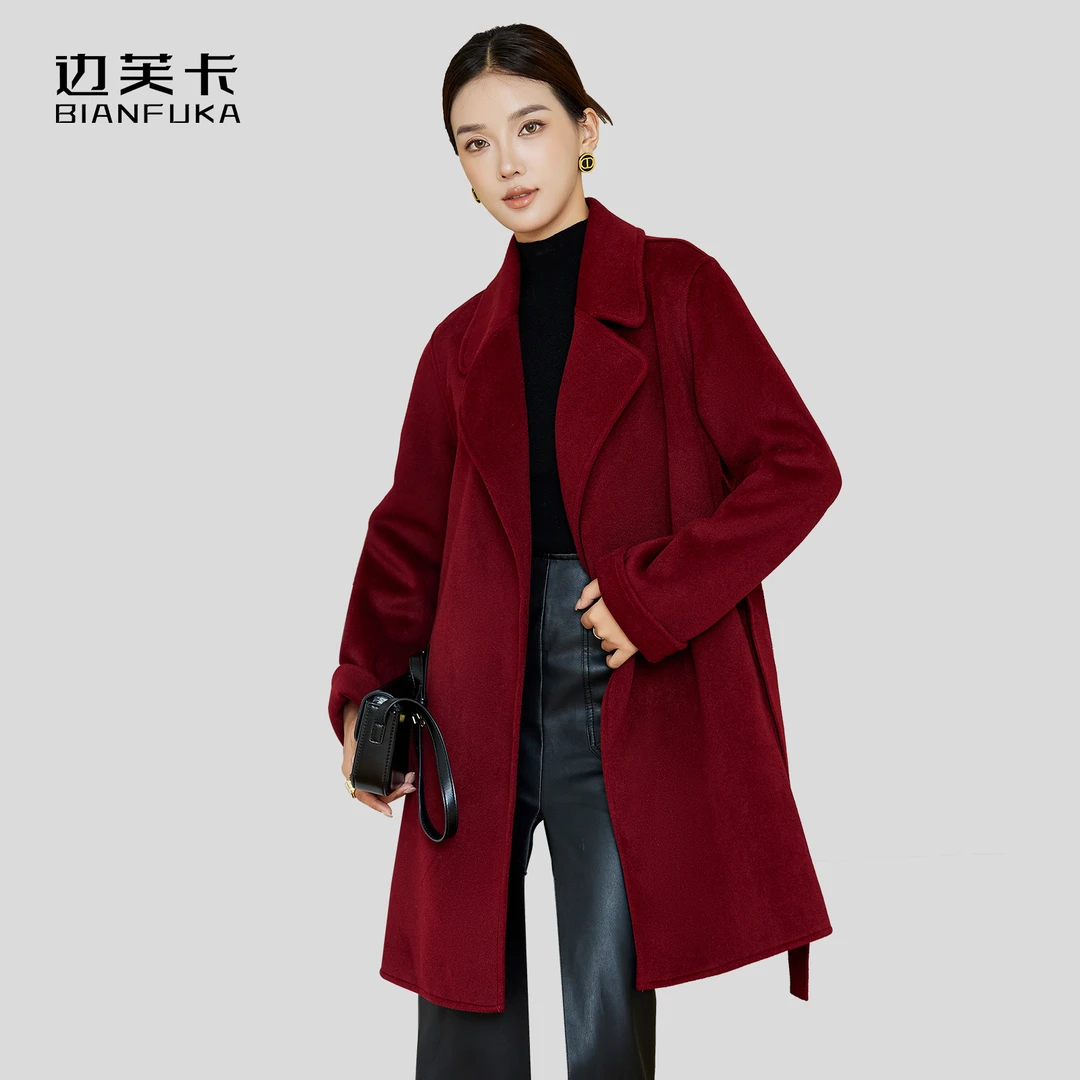 边芙卡复古绵羊毛手工大衣中长款韩版宽松外套女620263