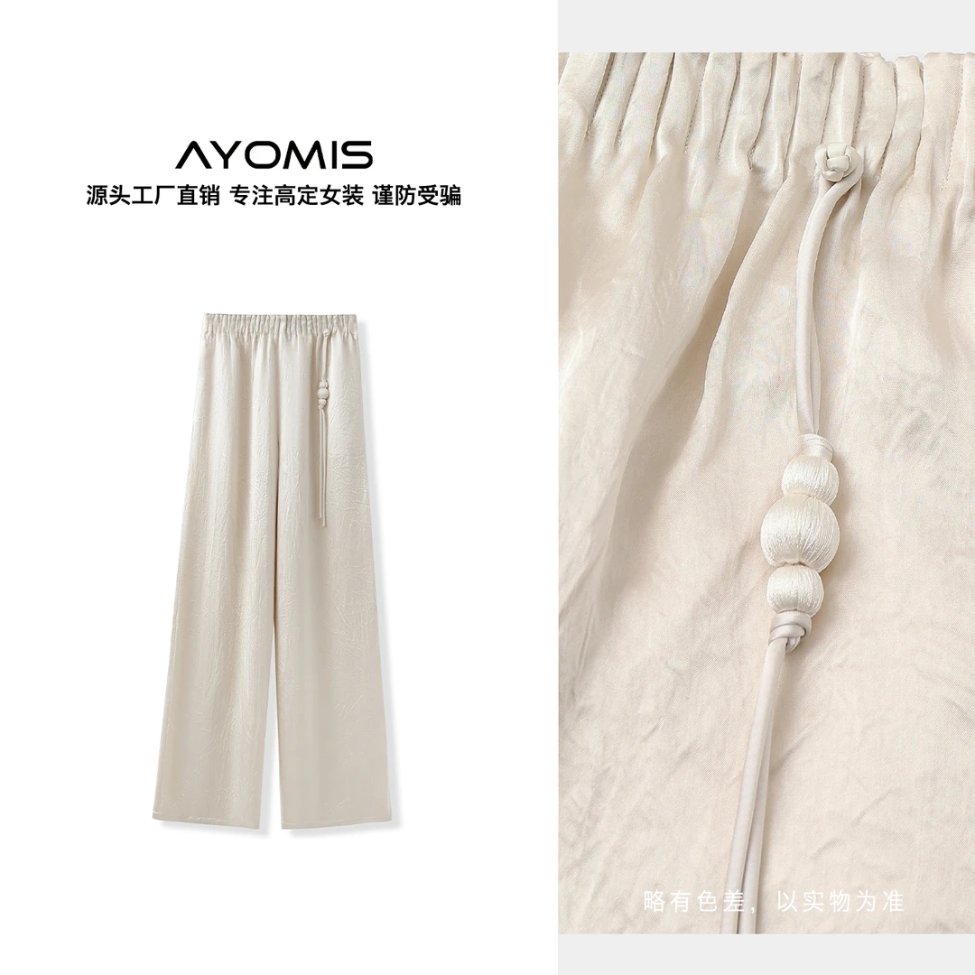 2025新中式醋酸阔腿裤女夏季新款宽松高腰垂感休闲直筒裤女 M6028
