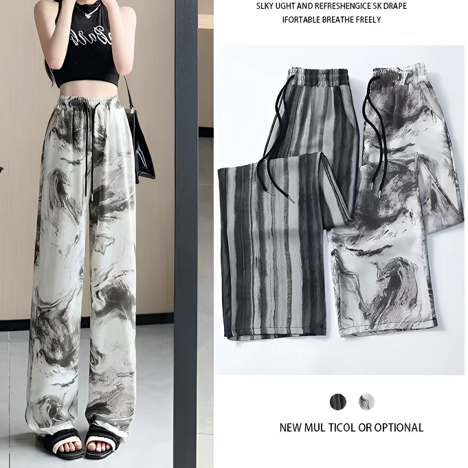 牧羊印花水墨国风冰丝阔腿裤女高腰宽松休闲裤垂感直筒裤遛弯裤女