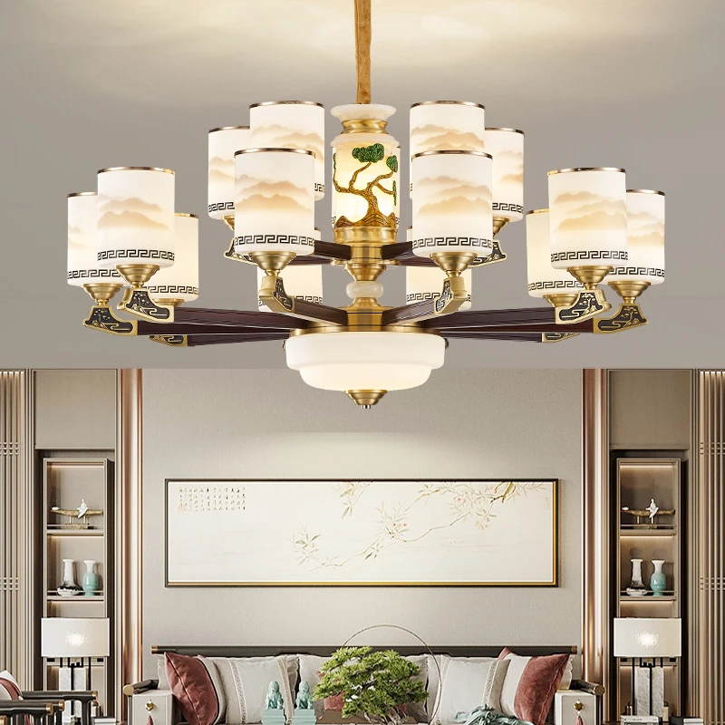 新中式全铜实木吊灯国风禅意家用大气客厅餐厅书房茶室卧室全铜灯