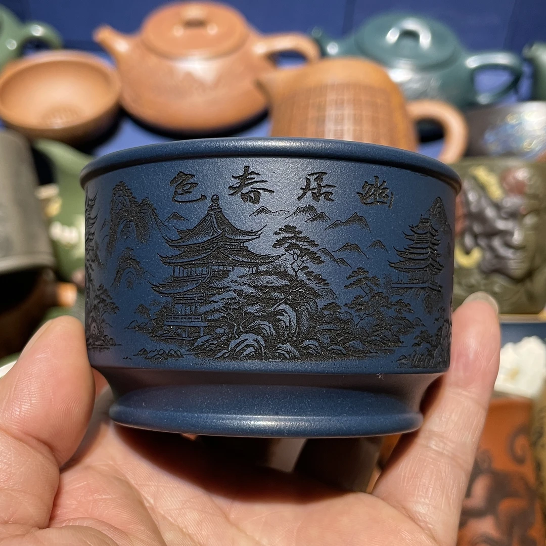 原矿紫砂苏门答腊青手工德钟主人杯墨绿泥刻绘山水茶杯140毫升