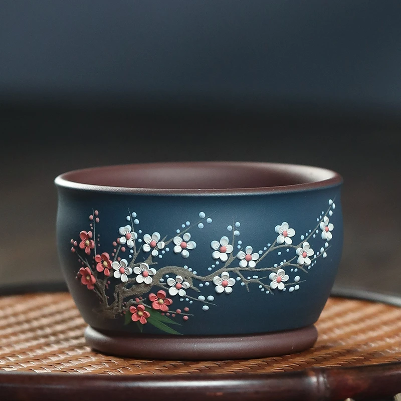 原矿紫泥全手工堆绘双色梅花茶杯主人杯品茗紫砂杯石鼓容量160ML