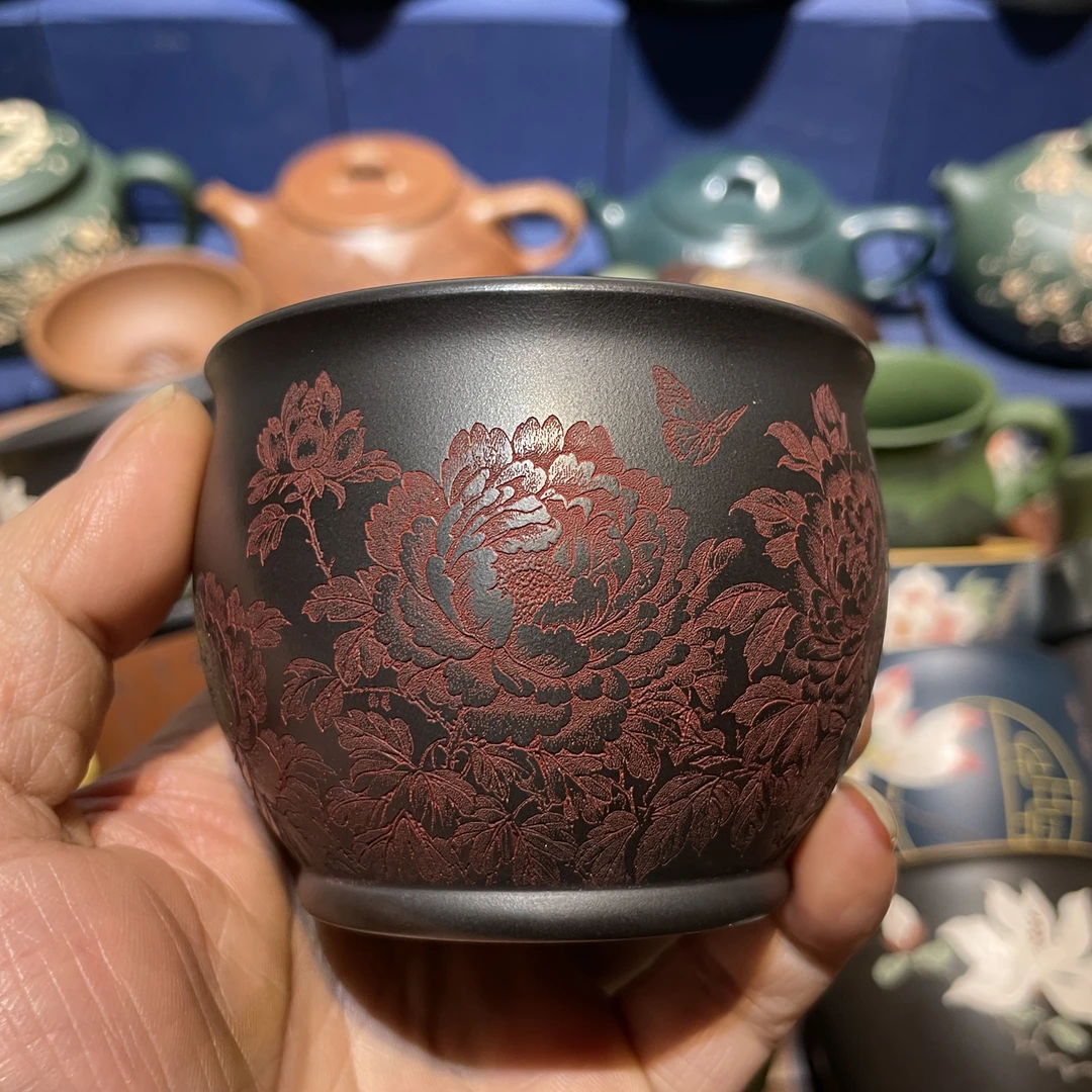 宜兴原矿紫砂纯石黄手工刻绘牡丹花主人杯茶杯140毫升水缸紫砂杯