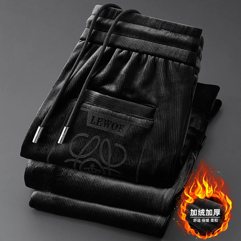 冬季加厚金丝绒保暖男士加绒裤子刺绣修身运动休闲裤亲肤束口卫裤