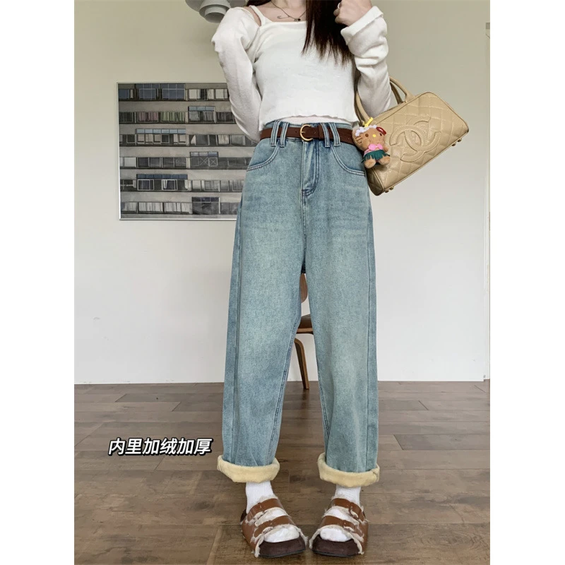 新款复古加绒加厚牛仔裤女高腰显瘦直筒阔腿长裤女