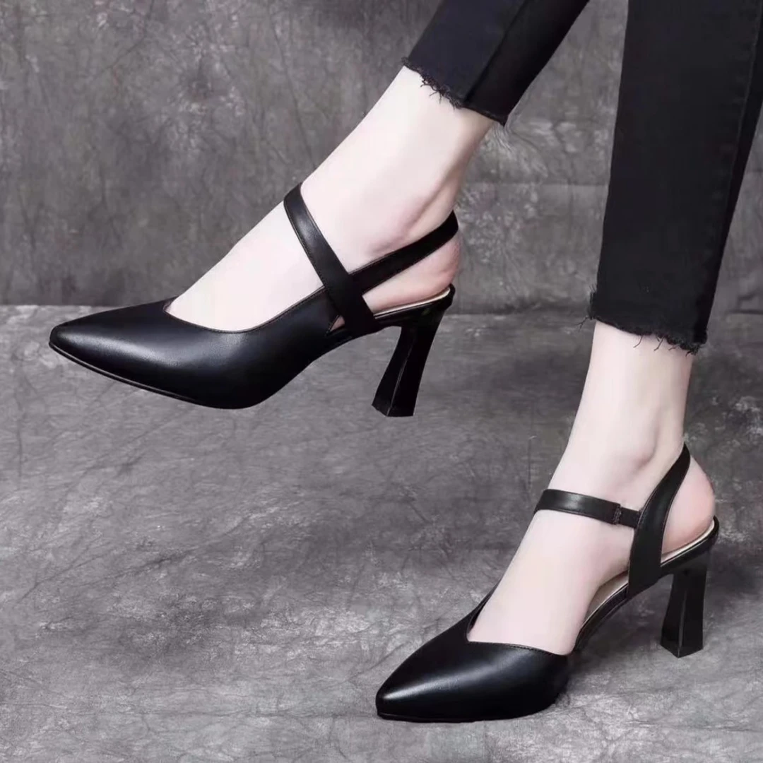 高跟时尚百搭中跟气质舒适软底软面女春夏防滑中空胶粘后空凉鞋