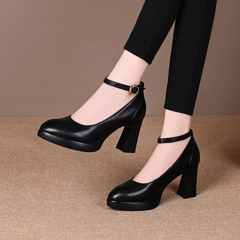 舒适高跟鞋女软底粗跟防水台黑色百搭一字扣单鞋配旗袍BBL 8190