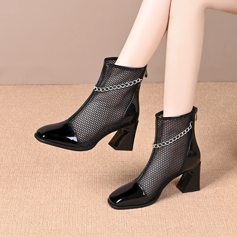 姚芳女鞋网靴镂空春夏漆皮粗跟网纱凉靴高跟网面马丁靴女LQ 68057