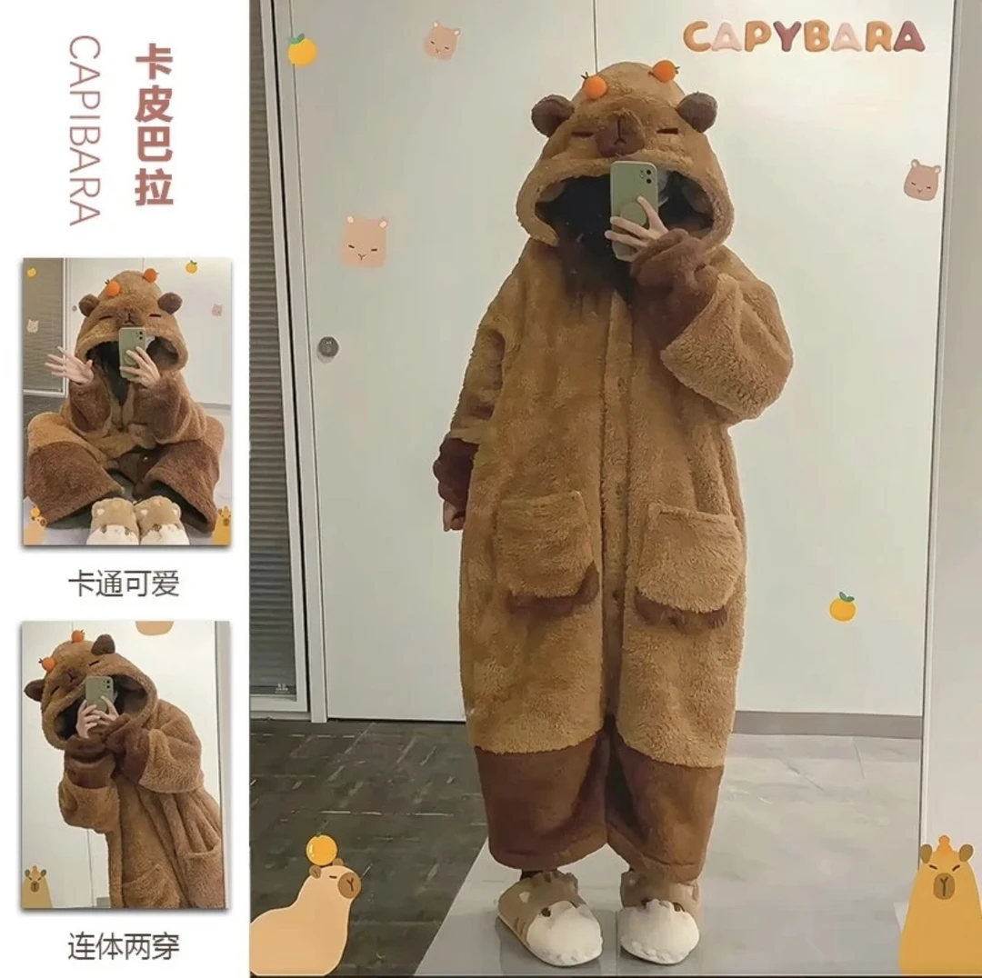 可爱卡通卡皮巴拉冬季睡袍女珊瑚绒睡衣2024年新款保暖家居服
