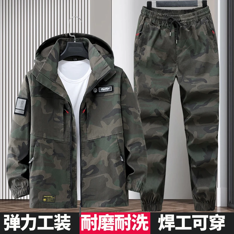 M春秋面部弹力加厚工作服套装男女外套耐磨劳保迷彩电焊工装定制