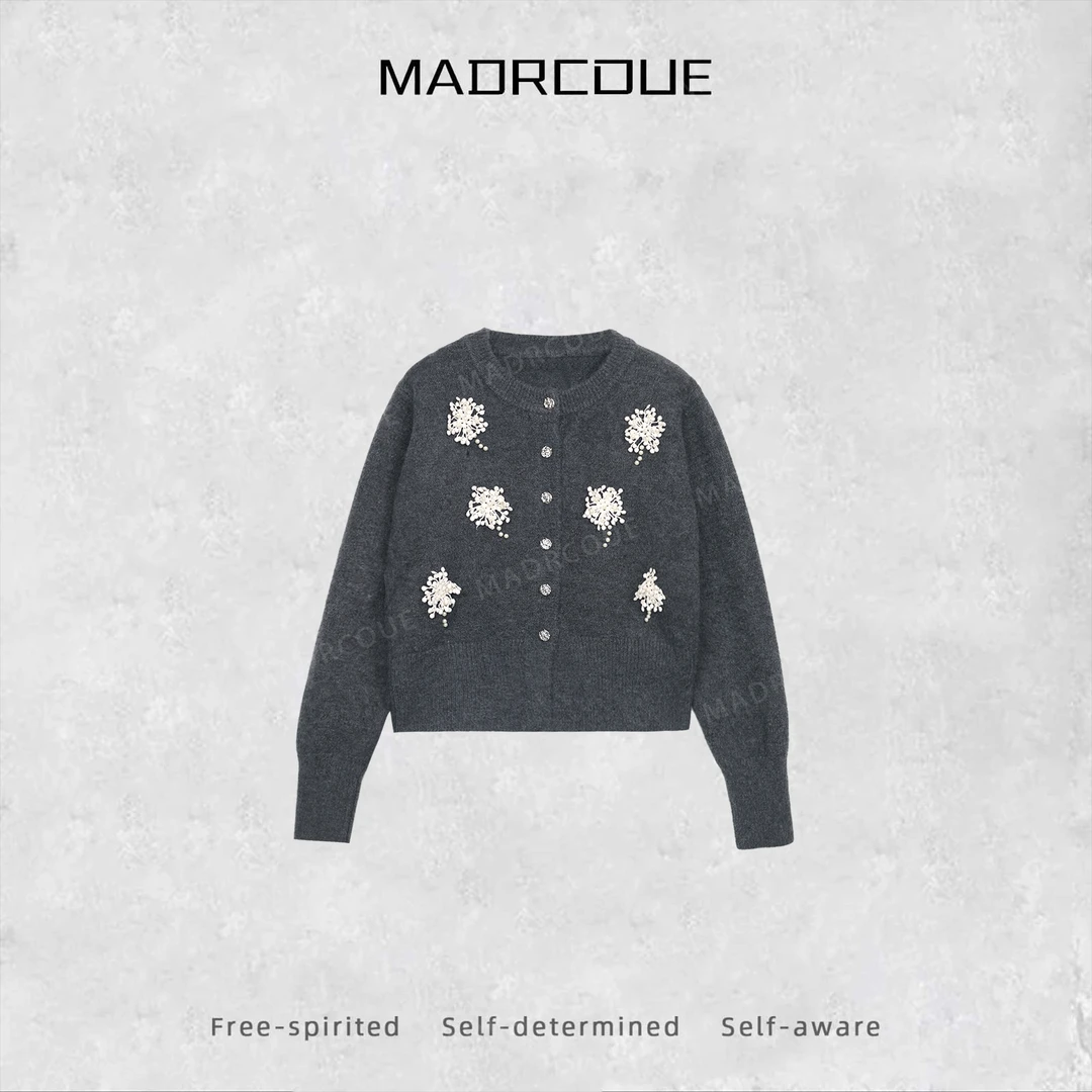 MADRCOUE高级感重工钉珠提花单排扣宽松百搭开衫针织毛衣 JJ8680