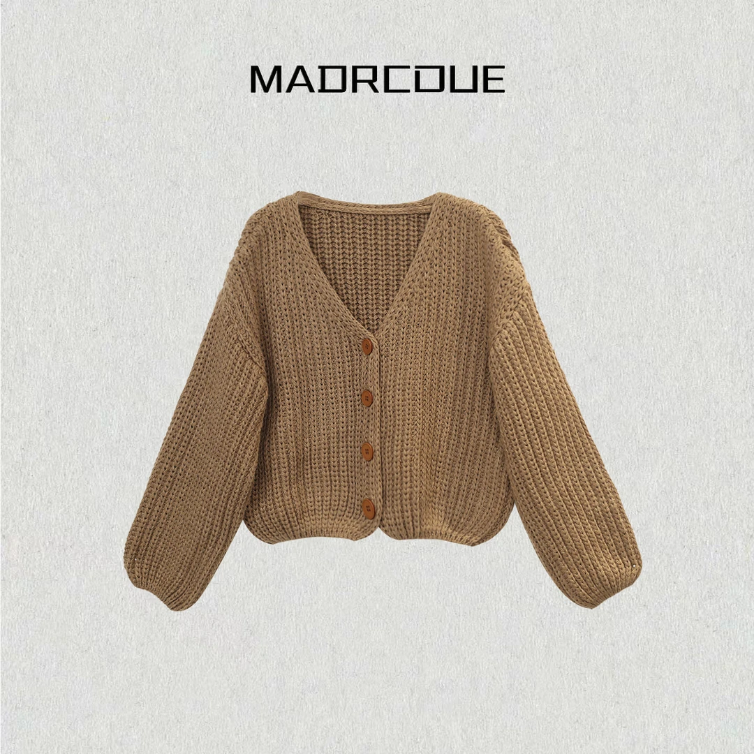 MADRCOUEV领镂空长袖针织开衫灯笼袖短款上衣P2405