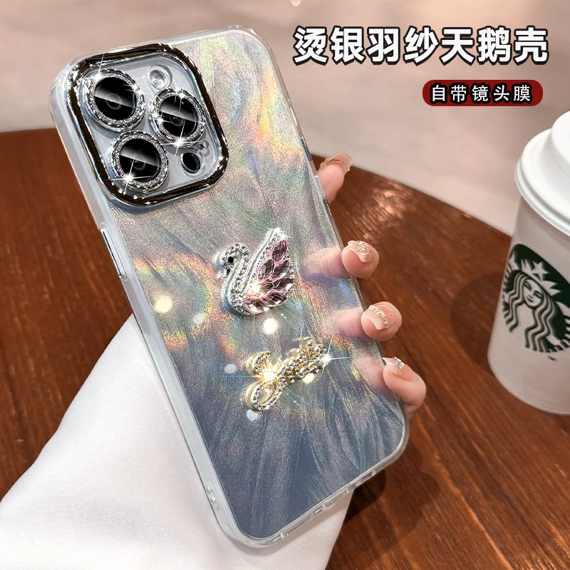 羽纱镭射苹果15promax手机壳带镜头膜iphone14水钻女款13新款12潮