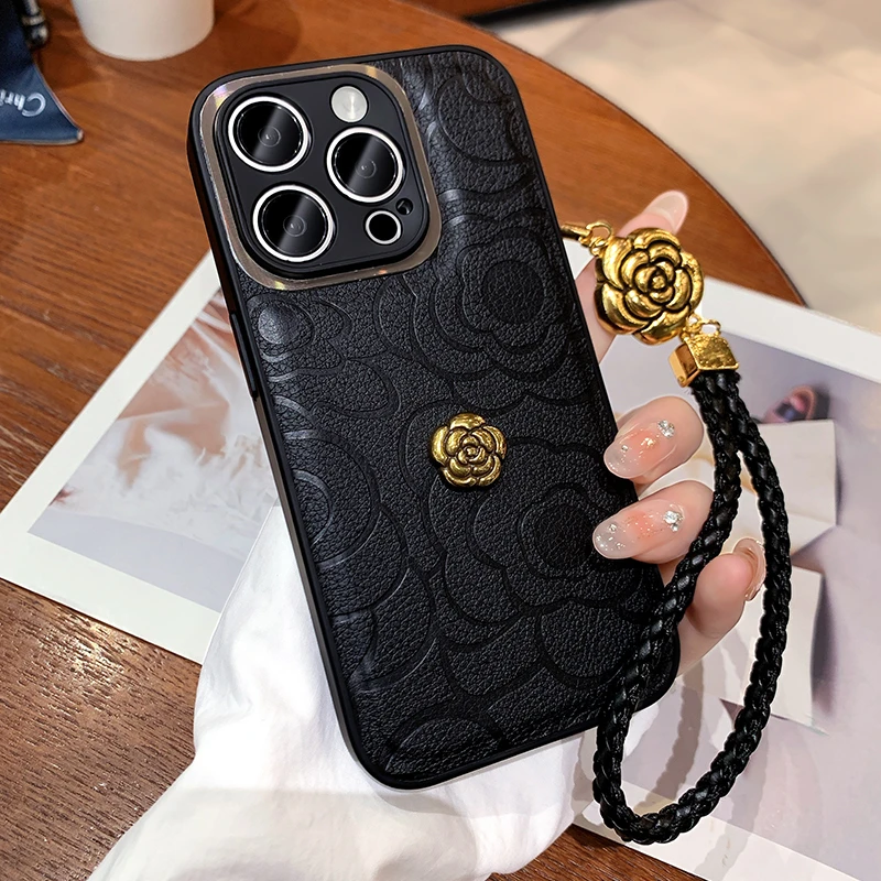 皮质山茶花苹果15promax手机壳女款潮牌全包防摔iPhone14奢华网红