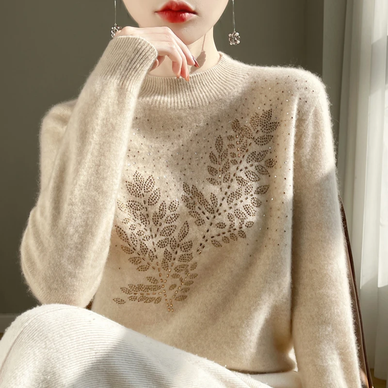 chao级温柔减龄款~100纯羊毛衫女半高领重工烫钻宽松针织打底衫女