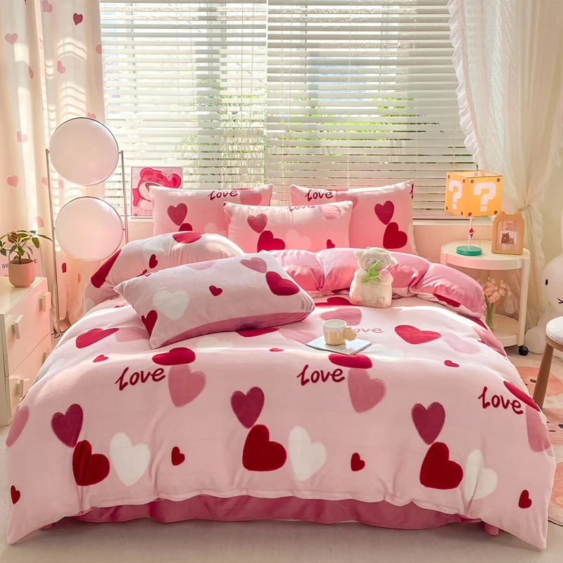 2023新款粉色亲肤舒适跑量款牛奶绒四件套加厚印花学生宿舍印花
