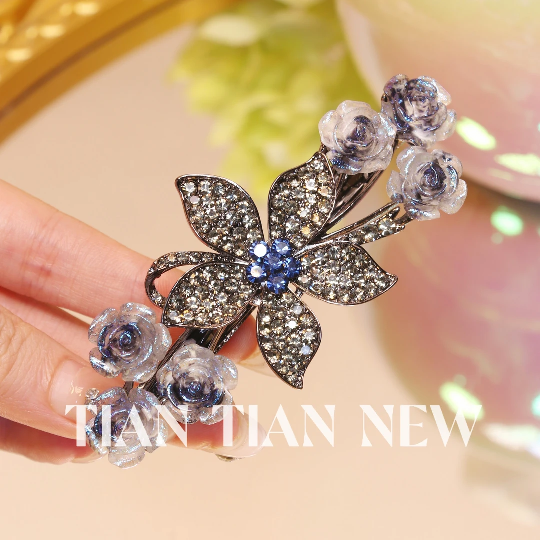 A209墨蓝色花朵夹头饰发夹高端水钻发卡新款卡子弹簧夹发饰品