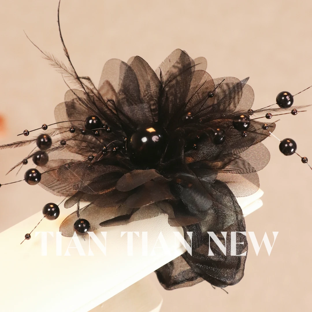 高级感秋冬款黑色羽毛珠珠发圈后脑勺盘发超仙头饰发绳J002