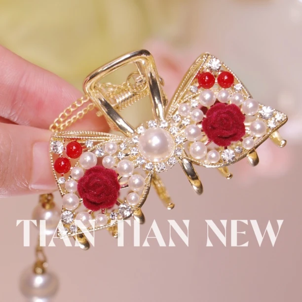【Tiantian】热烈玫瑰发饰新年红色气质抓夹A219