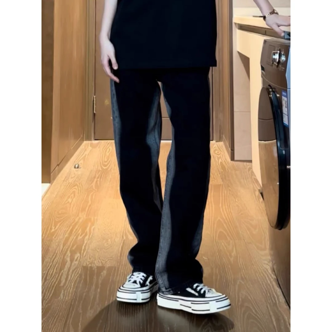 高街水洗做旧牛仔裤长裤潮休闲百搭阔腿牛仔裤流行潮流微弹宽松