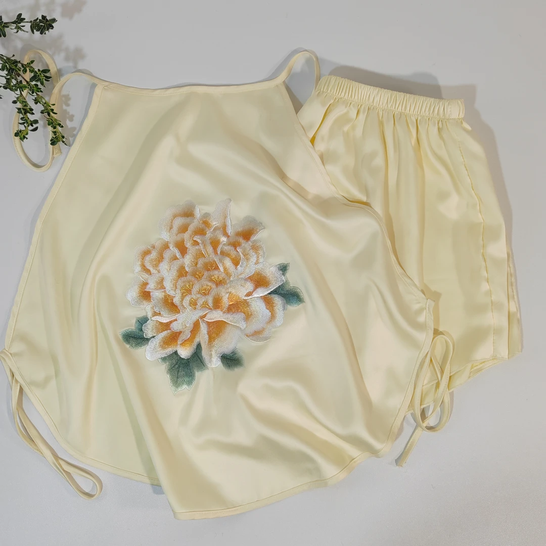 苏绣刺绣花肚兜成人吊带女性内衣双层仿真丝绸一片式古风睡衣套装