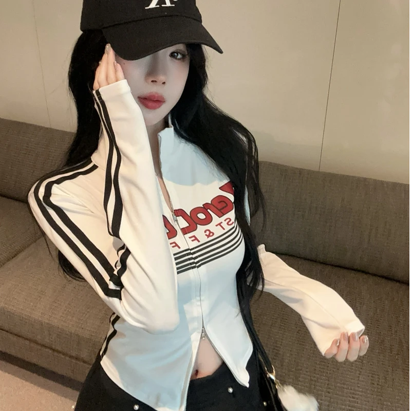 早秋美式纯欲甜辣妹复古印花立领设计感收腰双拉链长袖上衣外套女