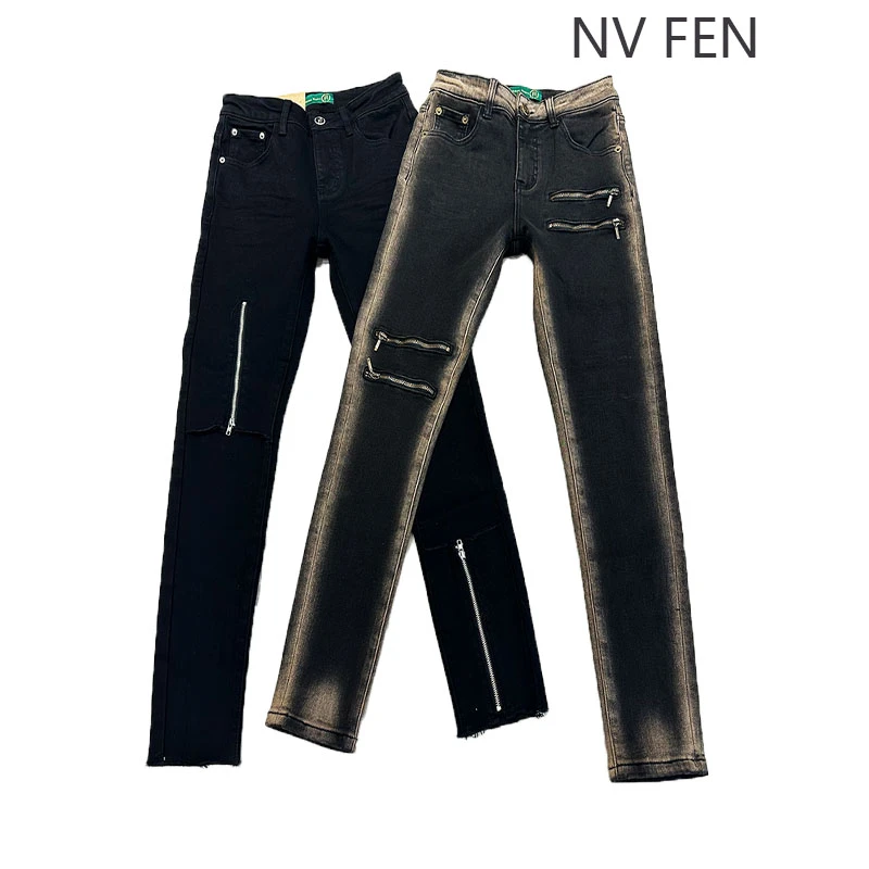 超然正品加绒小脚牛仔裤设计师时尚拉链高腰显瘦提臀柔软铅笔靴裤