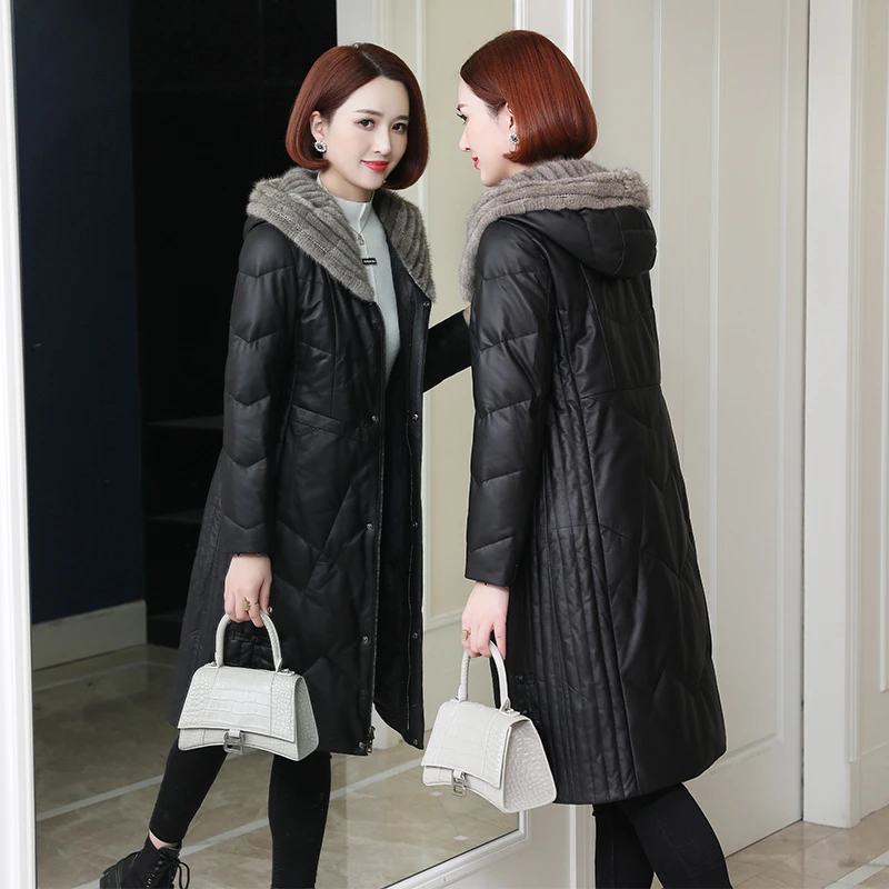 海宁水貂真皮加厚皮衣外套女中长妈妈绵羊皮大码修身保暖显瘦