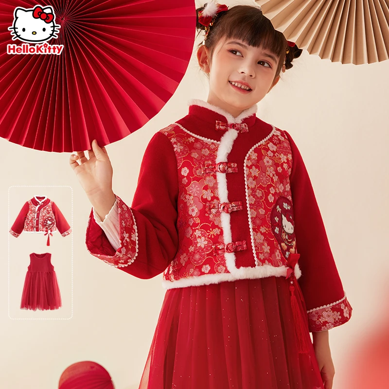 萌娃拜年服女童汉服连衣裙加厚新年服唐装外套冬装新款国风套装