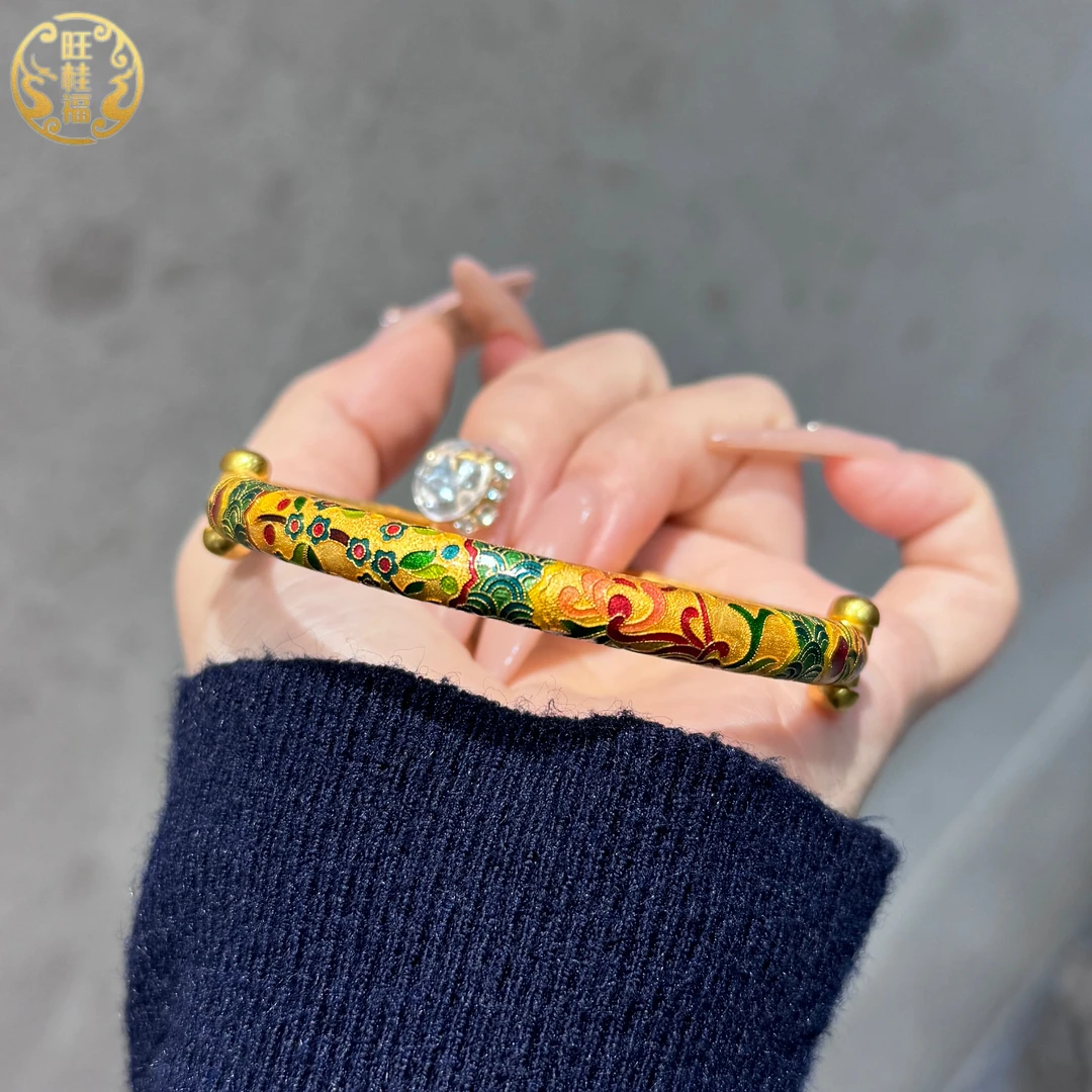 旺桂福足金高温烧蓝花开富贵手镯45.93克