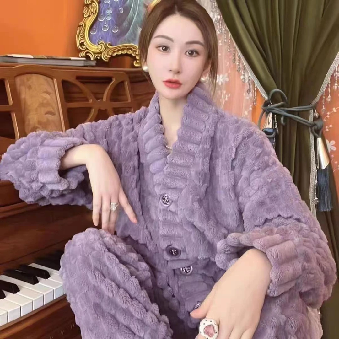 贵妇绝绝紫泡泡绒睡衣女秋冬季加绒加厚珊瑚绒可外穿家居服套装冬