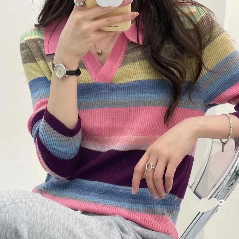 多巴胺彩虹条纹针织毛衣女秋冬新款polo领小众修身内搭打底衫上衣
