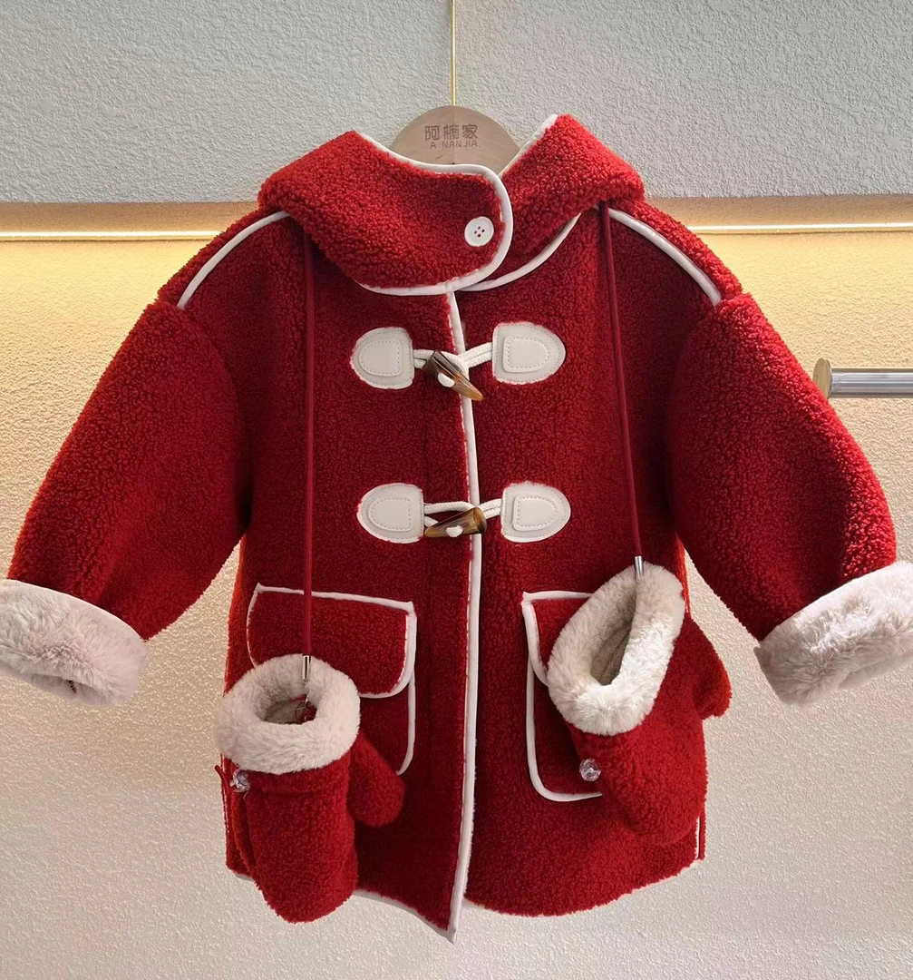 Y-N357【阿楠家甄选】女童冬款羊羔绒中长款加绒红色拜年服