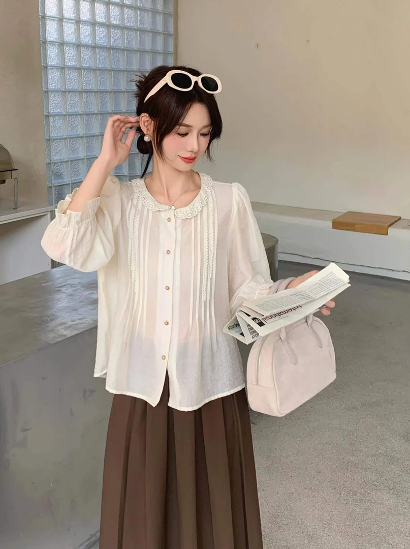 新款蕾丝花边娃娃衫压褶衬衣