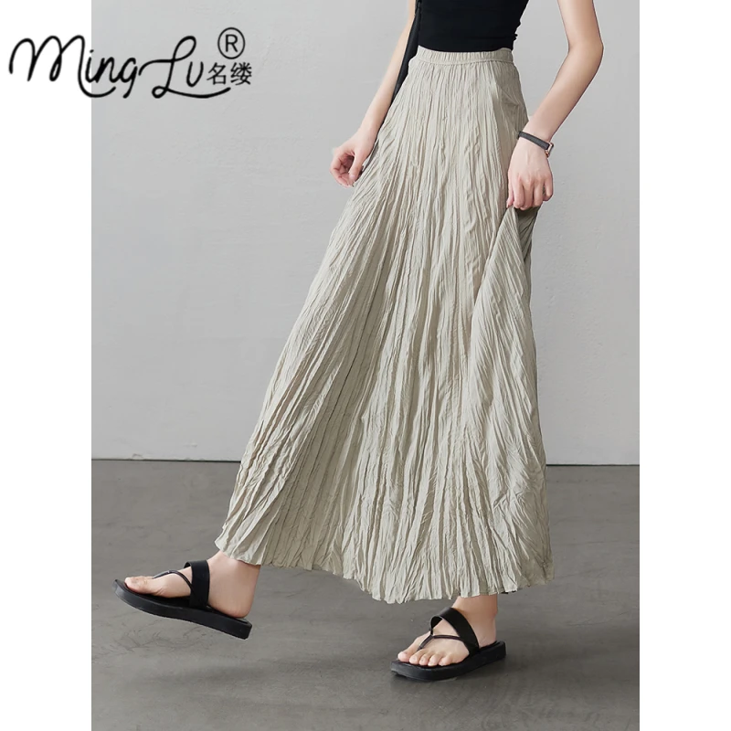 时尚百搭半裙2025春夏季新款高腰显瘦气质褶皱感长款A字半身裙女