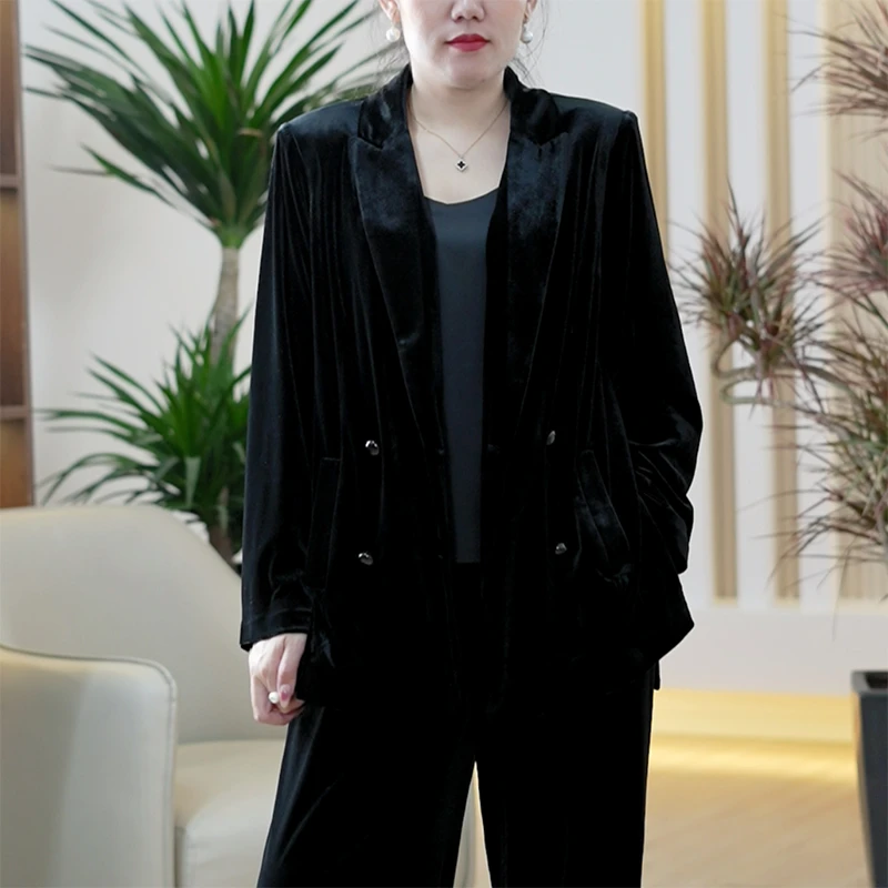 蓝光弹力丝绒西服女干练大气独立侧开叉摩登复古高级大码西装外套