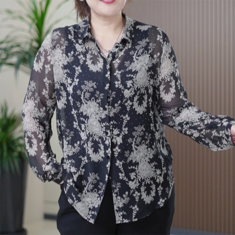 复古印花桑蚕丝两穿衬衫女大码烫钻时尚洋气透气舒适亲肤秋季衬衣