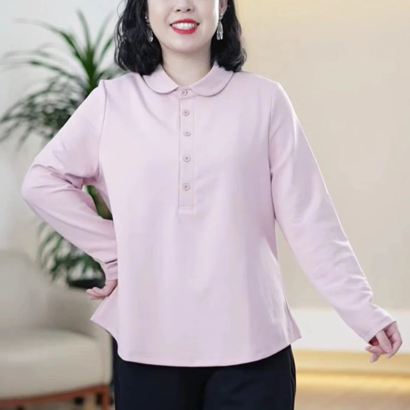 高支爽滑棉长袖娃娃领POLO衬衫小蛮腰时尚大码百搭打底T恤上衣女