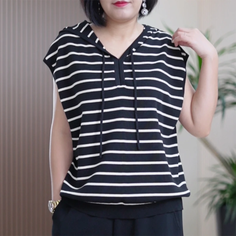 高捻双纱棉针织衫女大码百搭弹力时尚马甲连帽背心冰丝上衣T恤