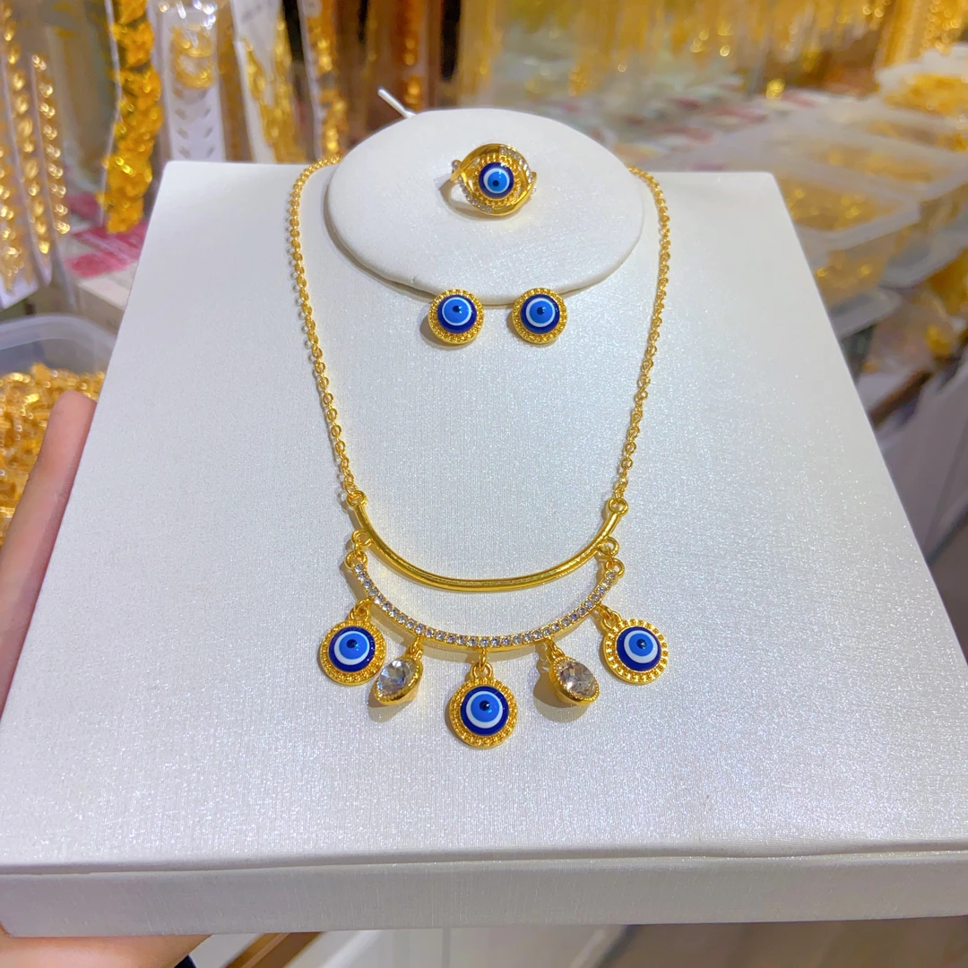 铁合金亚克力项链 钛钢不掉色民族风蓝眼睛超好看套装