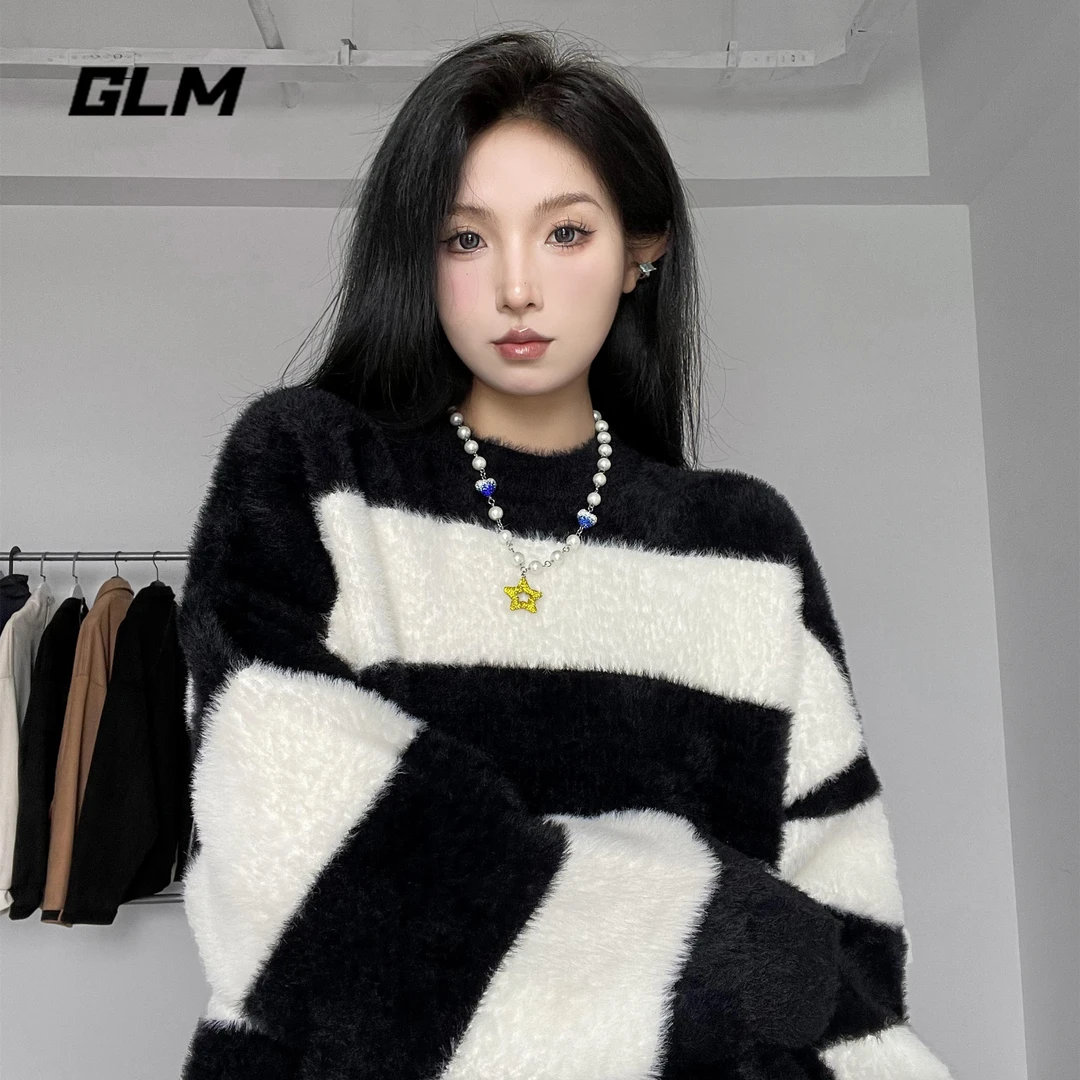 GLM黑白条纹毛衣日系慵懒复古男秋冬新款潮牌高级感慵懒风针织衫