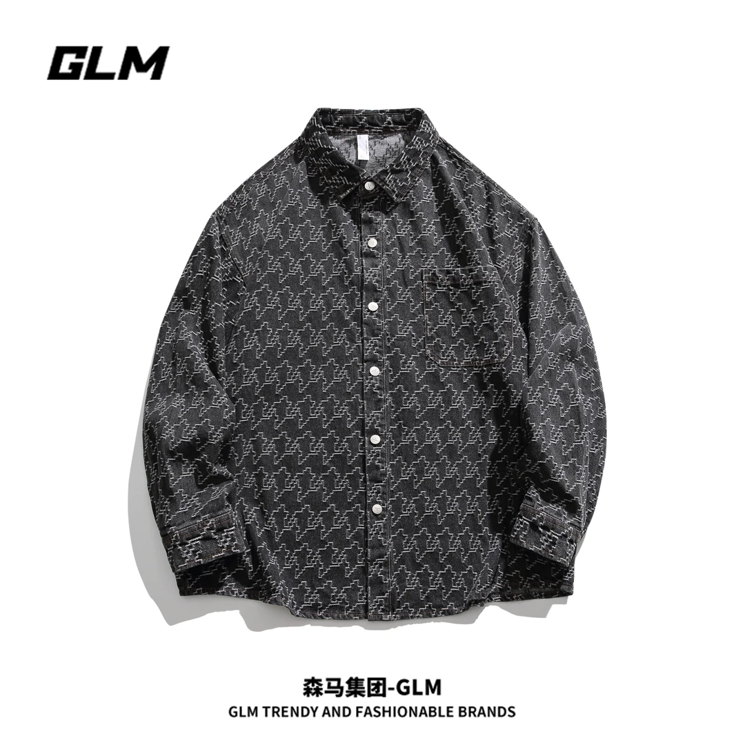 森馬集团GLM男士春秋衬衫美式复古满印潮牌休闲百搭街头痞帅长袖