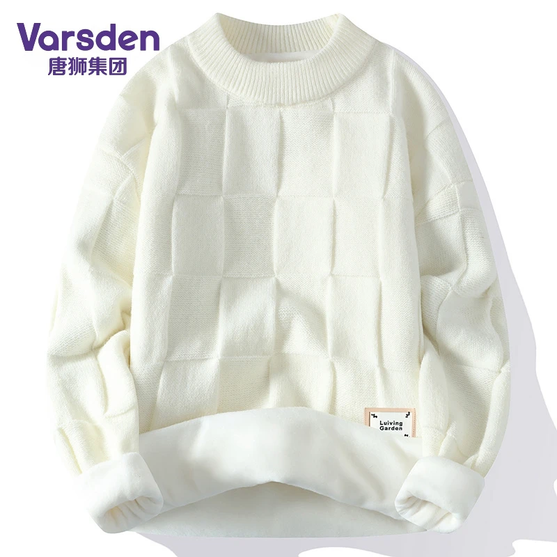 唐狮集团Varsden冬季男毛衣新款宽松纯色圆领保暖情侣长袖针织衫