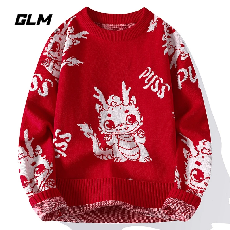 森馬集团GLM毛衣男款新年红色本命年卡通印花保暖针织圆领针织衫