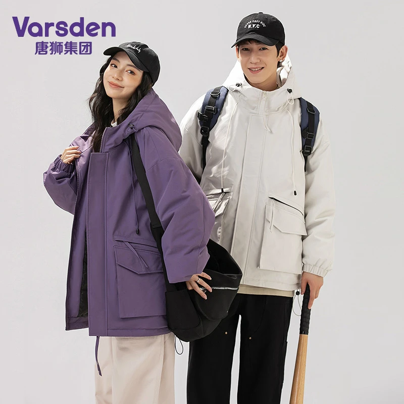 唐狮集团Varsden冬季新款保暖棉服雪尼尔贴膜面料休闲连帽棉衣男