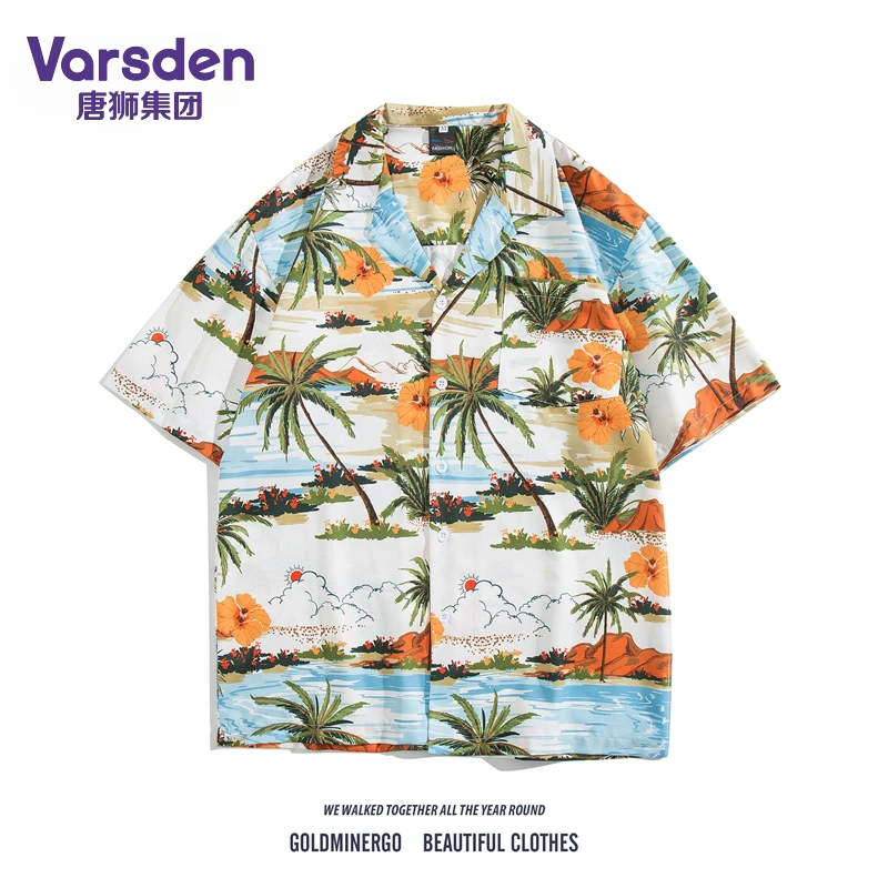 唐狮集团Varsden夏威夷风满印短袖衬衫男宽松休闲薄款沙滩花衬衣