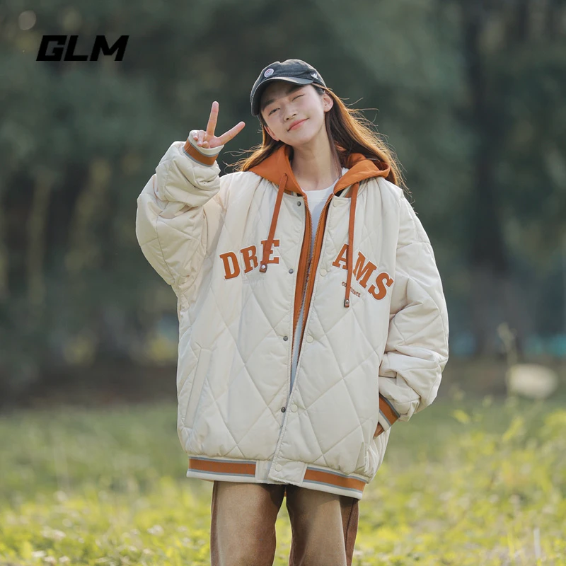 GLM冬季潮牌男女同款菱形格假两件连帽棉服情侣百搭休闲撞色棉衣