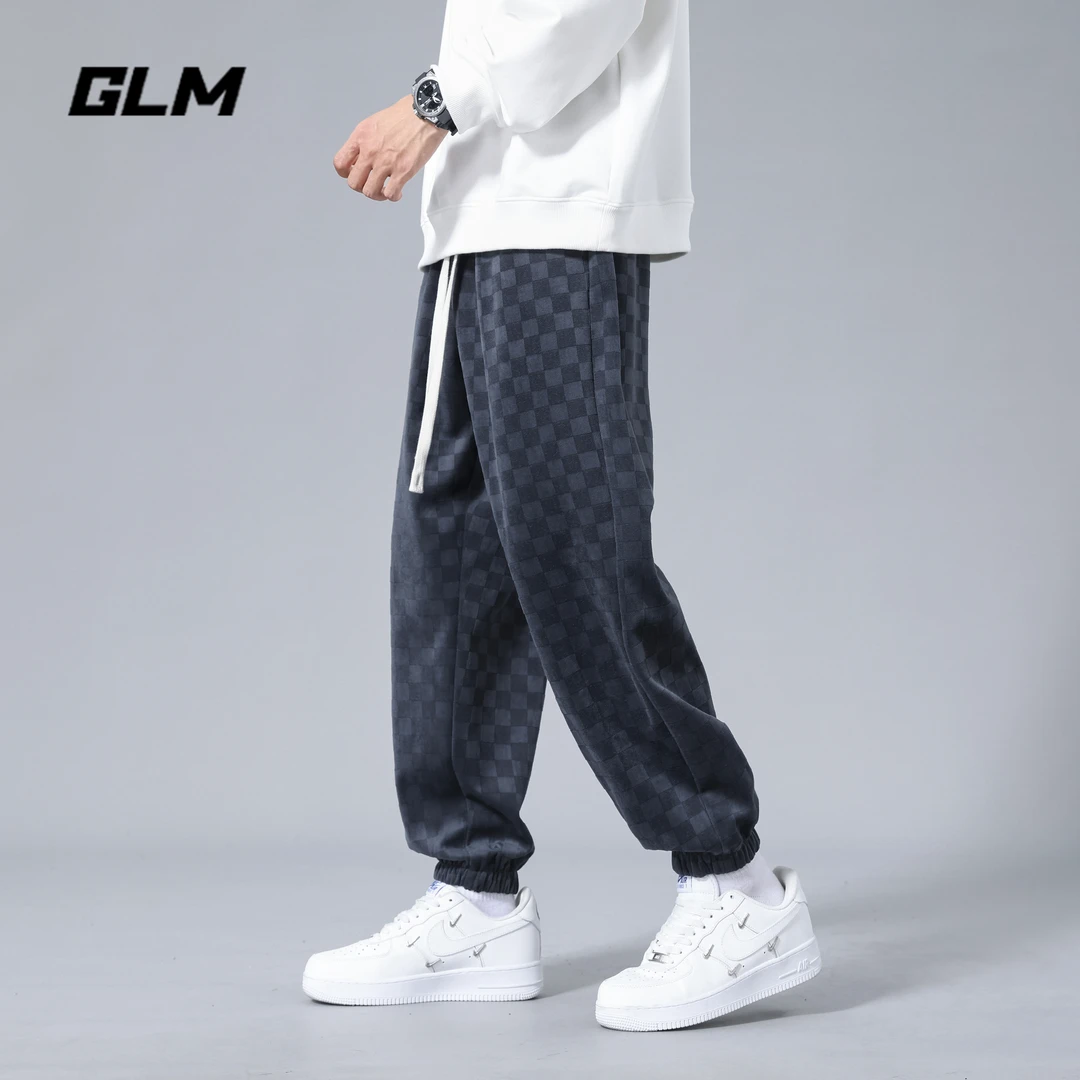 GLM潮流休闲裤束脚裤子男士春秋棋盘格宽松潮牌设计感青少年长裤