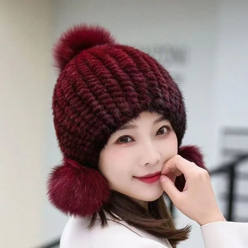 水貂编制=织三球帽针织时尚时尚百搭女士韩版冬天保暖帽