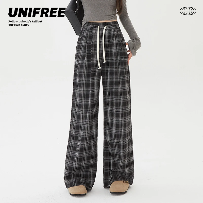 UNIFREE复古格子休闲裤百搭高腰直筒美式宽松阔腿显瘦拖地长裤子